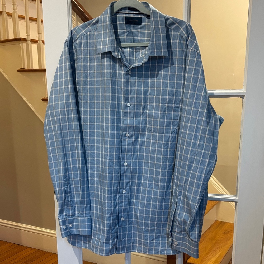 Fairline Men Blue White Plaid 100 Cotton Dress Shirt XXL Business Casual Office